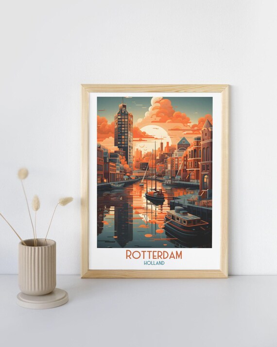 Rotterdam Holland Sunset Harbor Skyline and Sailboats Travel Print