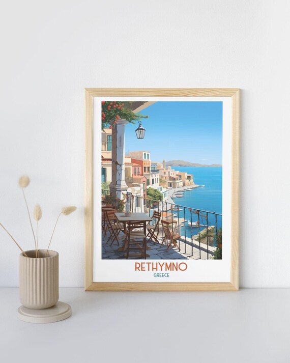 Rethymno Greece Cafe Terrace Overlooking Harbor and Sea Travel Print