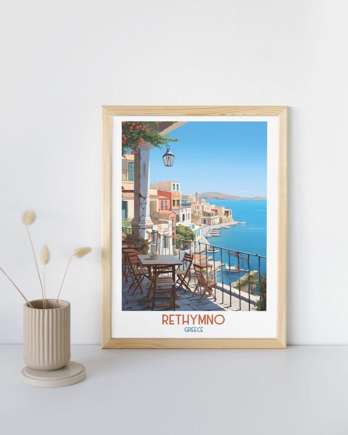Rethymno Greece Cafe Terrace Overlooking Harbor and Sea Travel Print