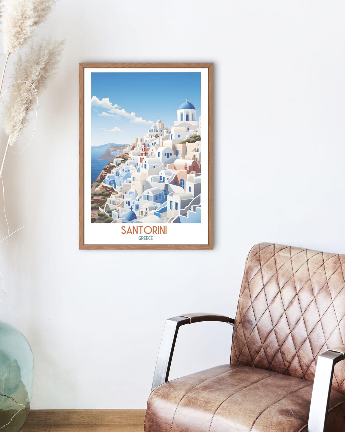 Santorini Whitewashed Village Blue Dome Churches Sunny Caldera Poster - Image 2