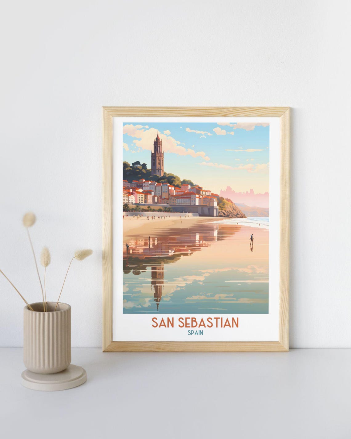 San Sebastian Spain Sunset Church Tower Beach Reflections Art Poster
