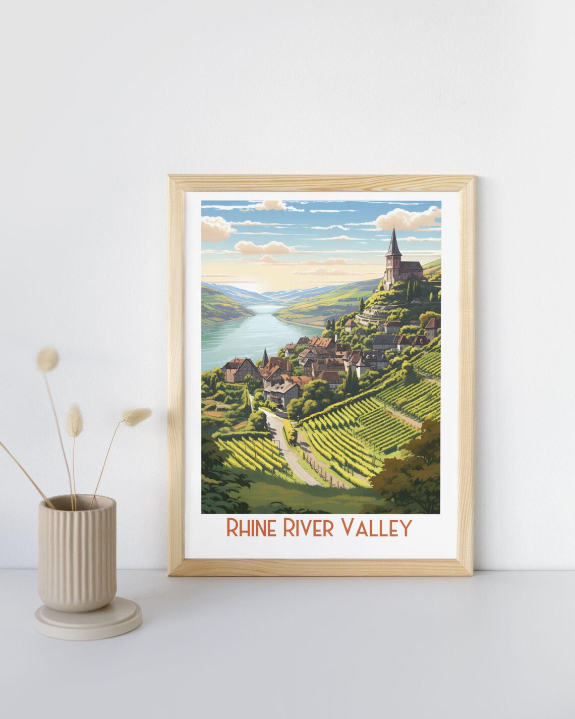 Rhine River Valley Vineyard Village and Hilltop Church Travel Art Print