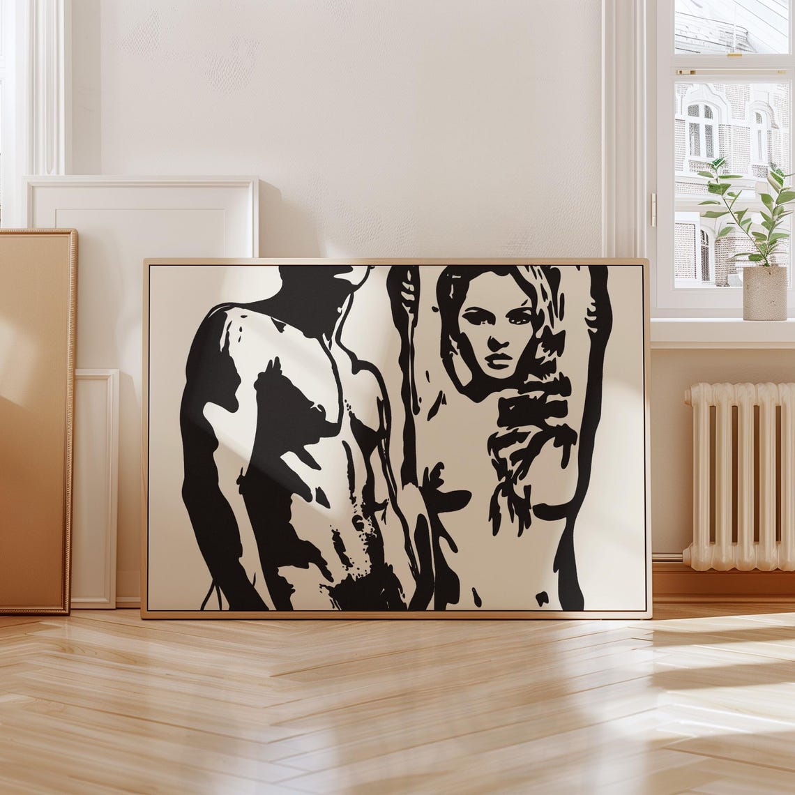 Abstract Couple Figure Black Beige Bold Silhouette Modern Love Poster - Image 3