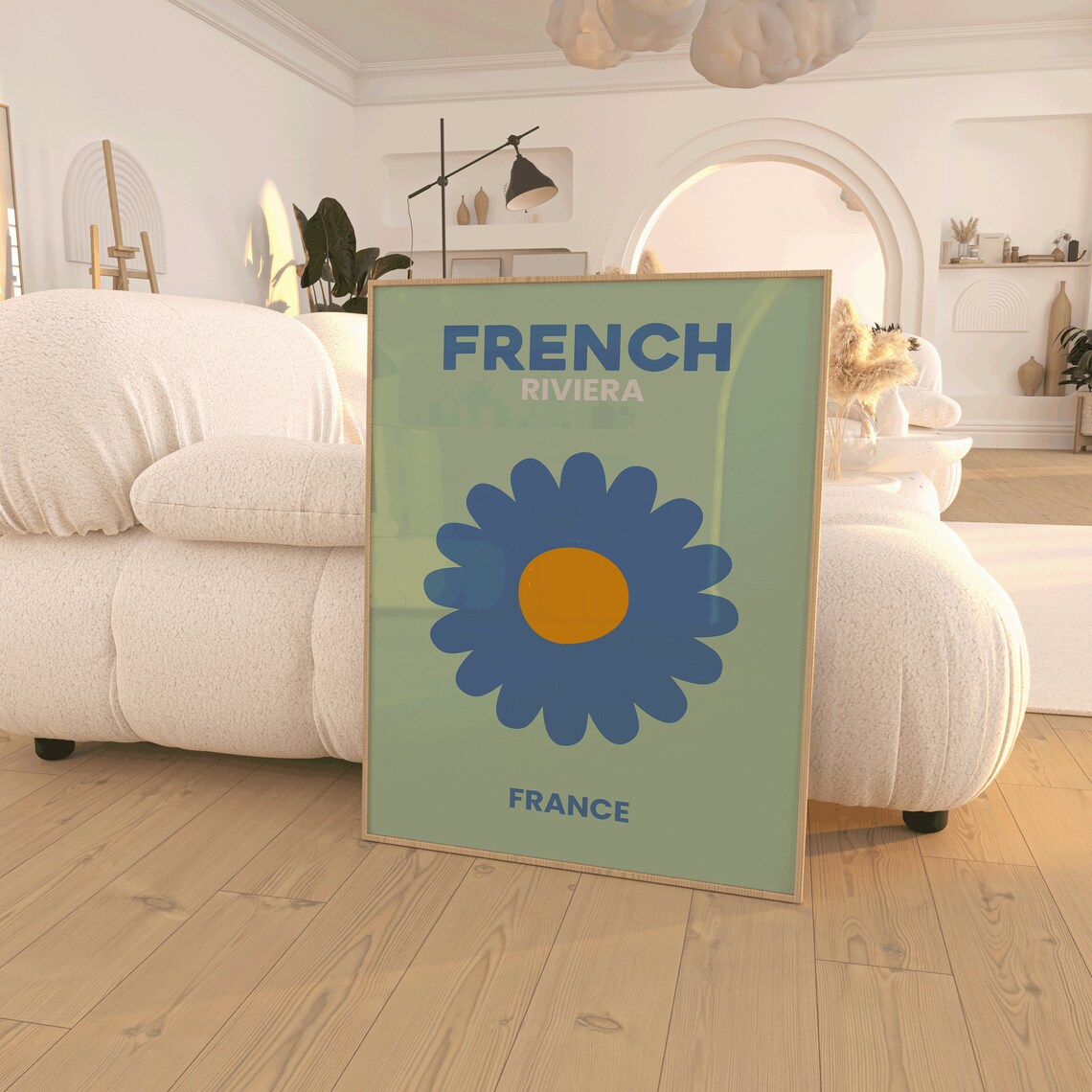 French Riviera Retro Daisy Sage Green Preppy France Travel Poster