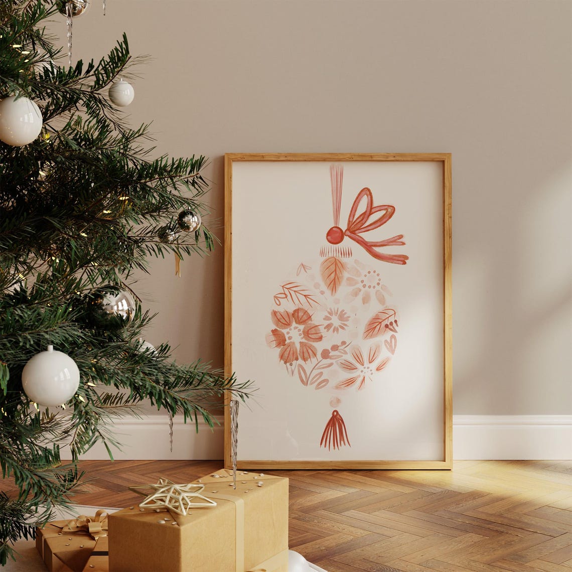 Pink Floral Ornament Watercolor Bauble Ribbon Elegant Holiday Wall Art