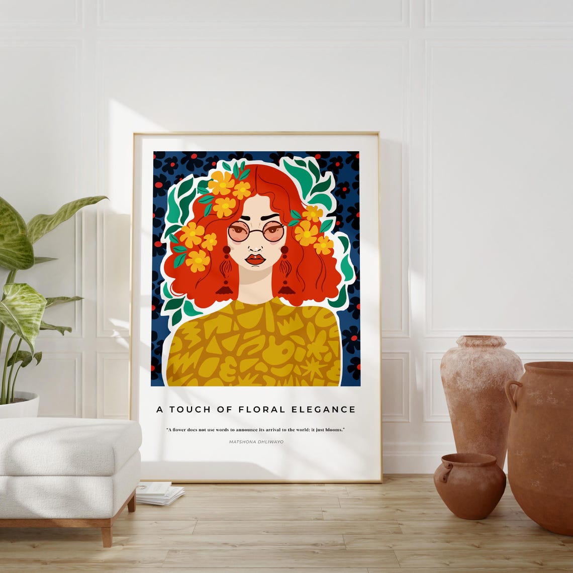 Floral Elegance Redhead Woman Portrait Vintage Style Botanical Poster