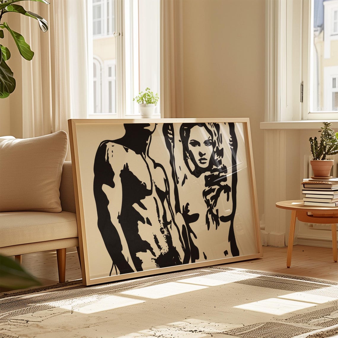 Abstract Couple Figure Black Beige Bold Silhouette Modern Love Poster