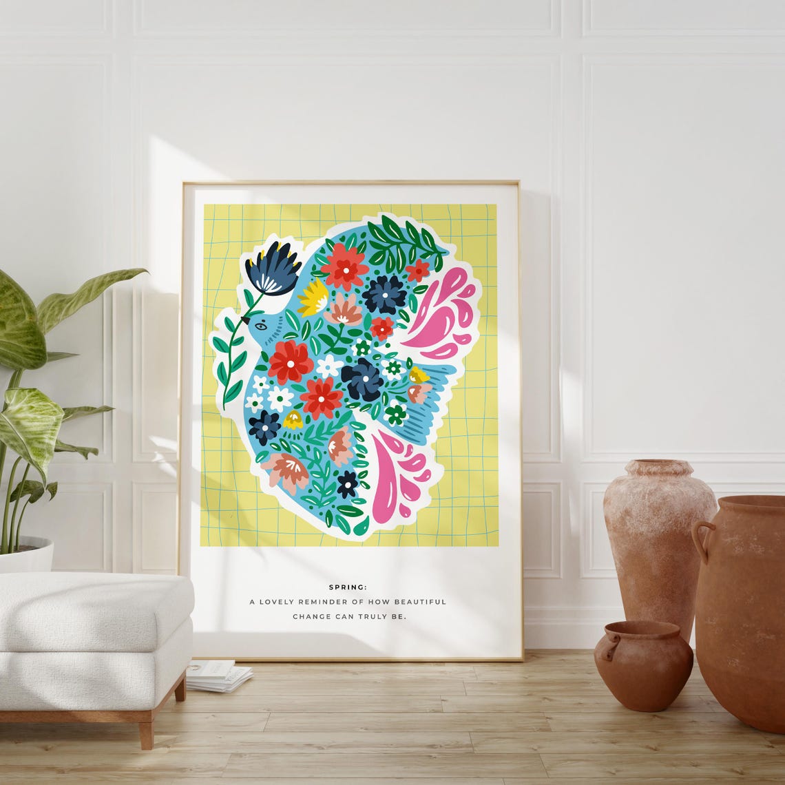 Spring Floral Bird Quote Colorful Flower Illustration Botanical Poster