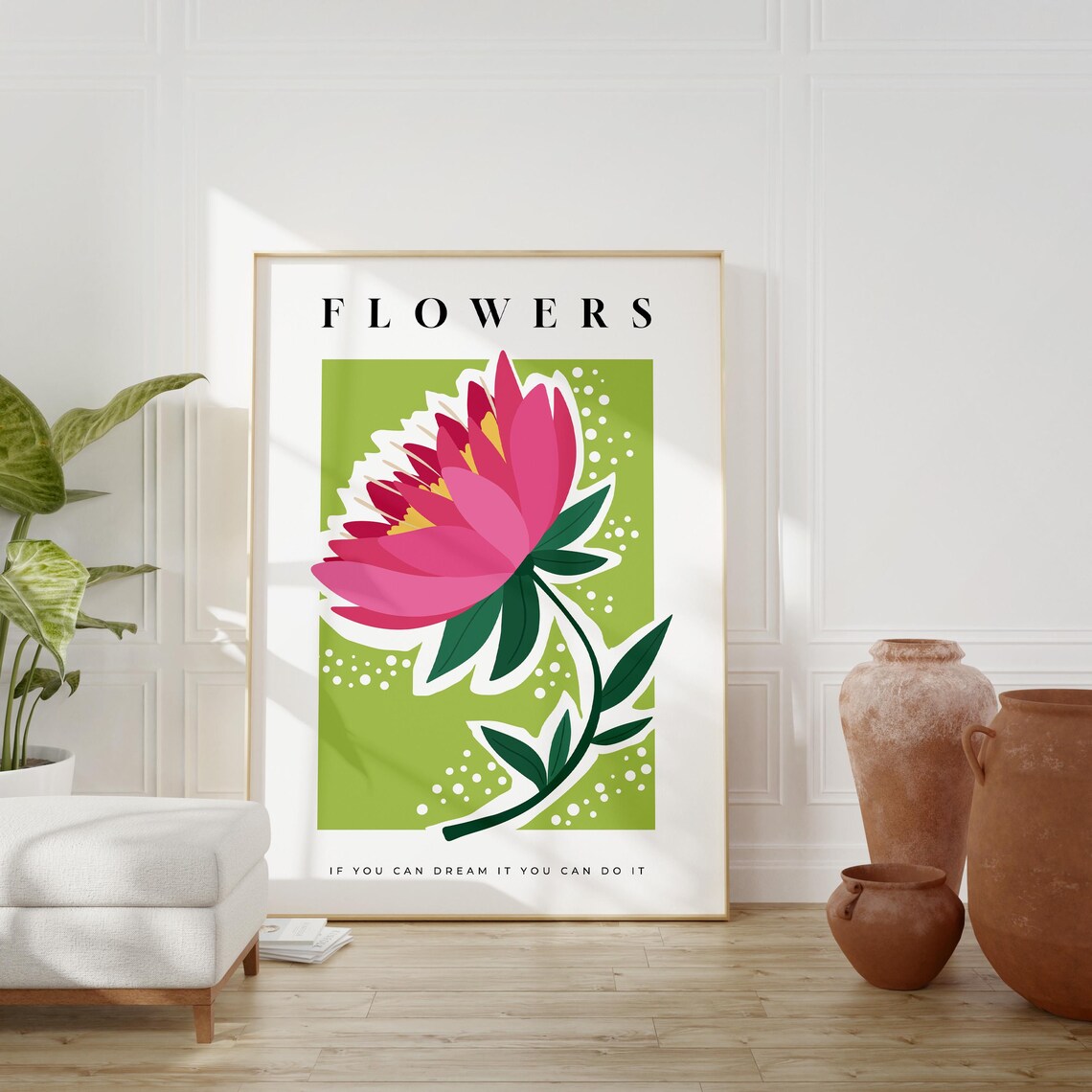 Inspirational Flowers Quote Pink Bloom Green Botanical Poster Print