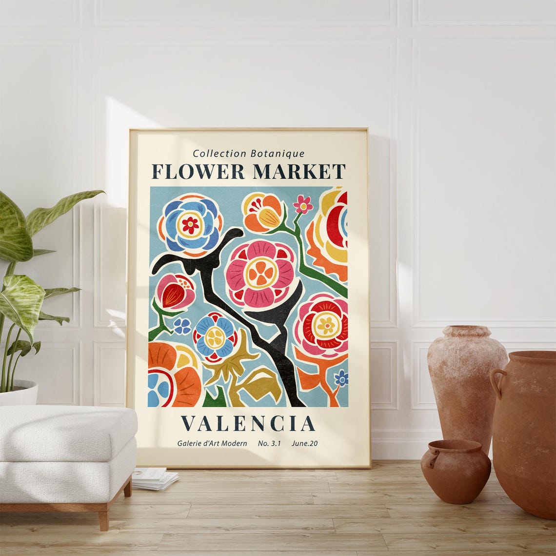 Flower Market Valencia Bold Botanical Blooms Blue Vintage Art Poster