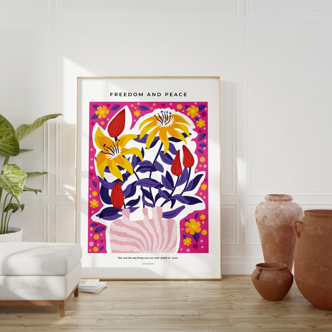 Freedom and Peace Yellow Lily Quote Pink Floral Botanical Poster
