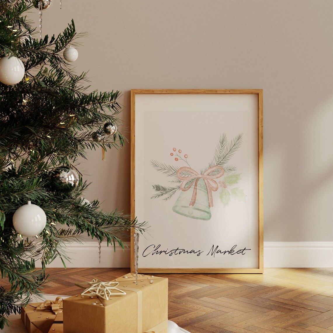 Christmas Market Watercolor Bell Pink Bow Pine Botanical Holiday Print