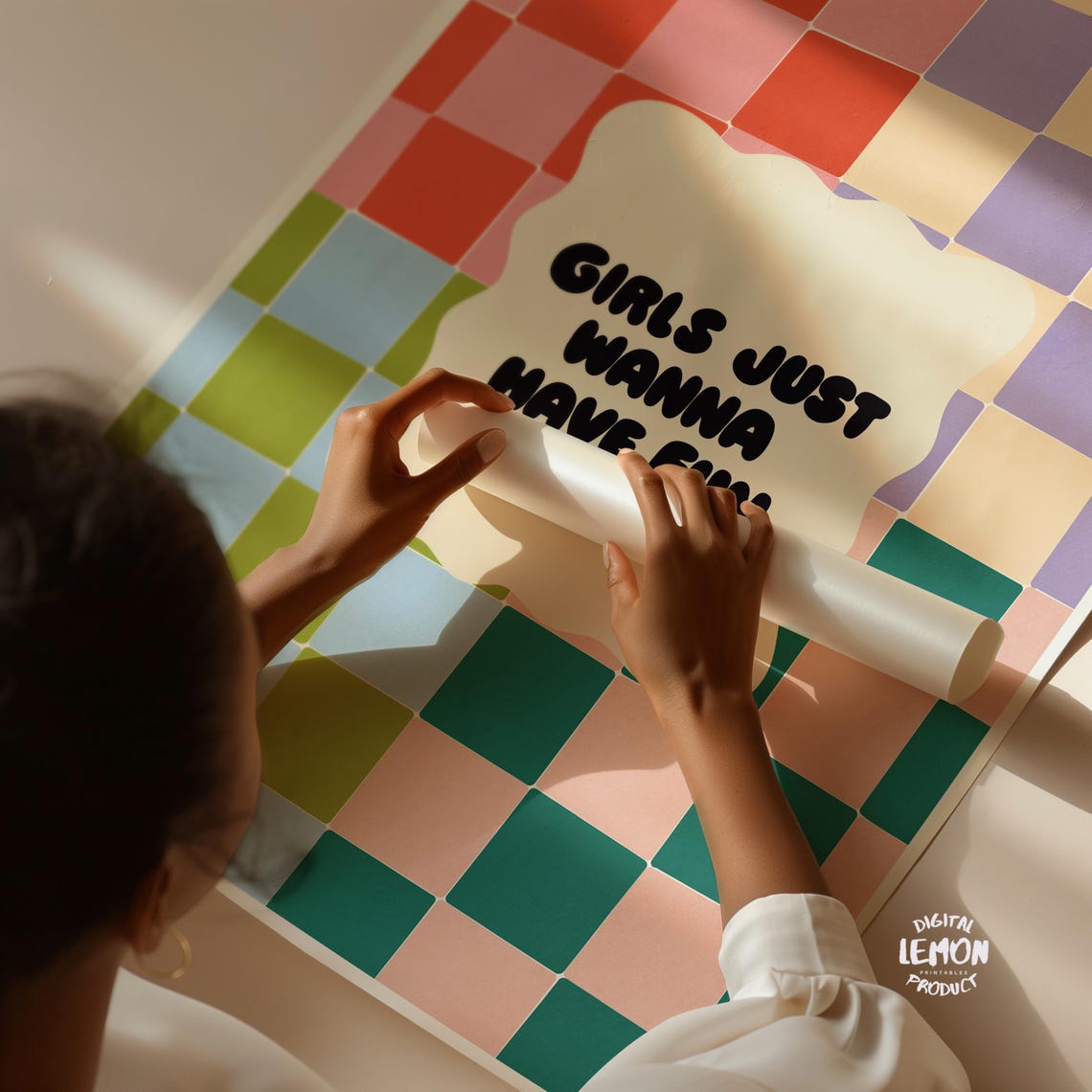Girls Just Wanna Have Fun Rainbow Checkerboard Typography Poster - Image 4