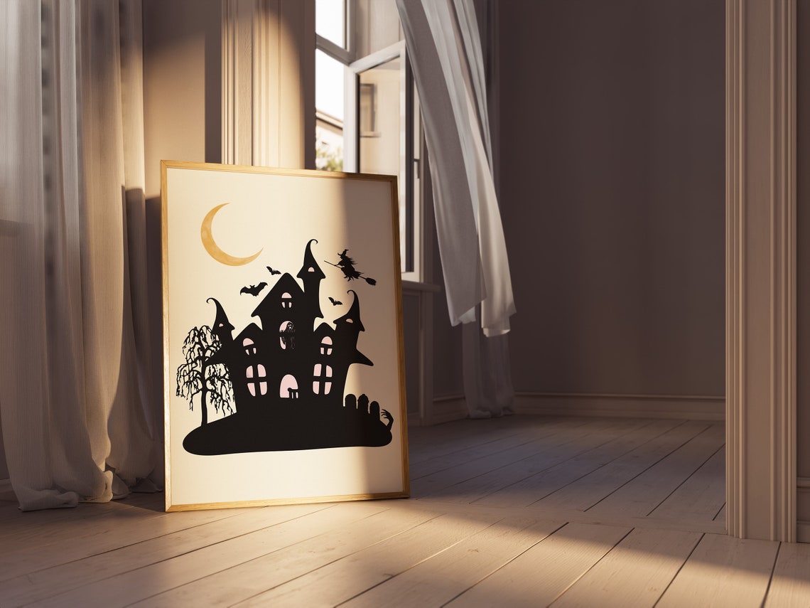 Haunted House Silhouette Witch Broom Crescent Moon Halloween Wall Art - Image 3