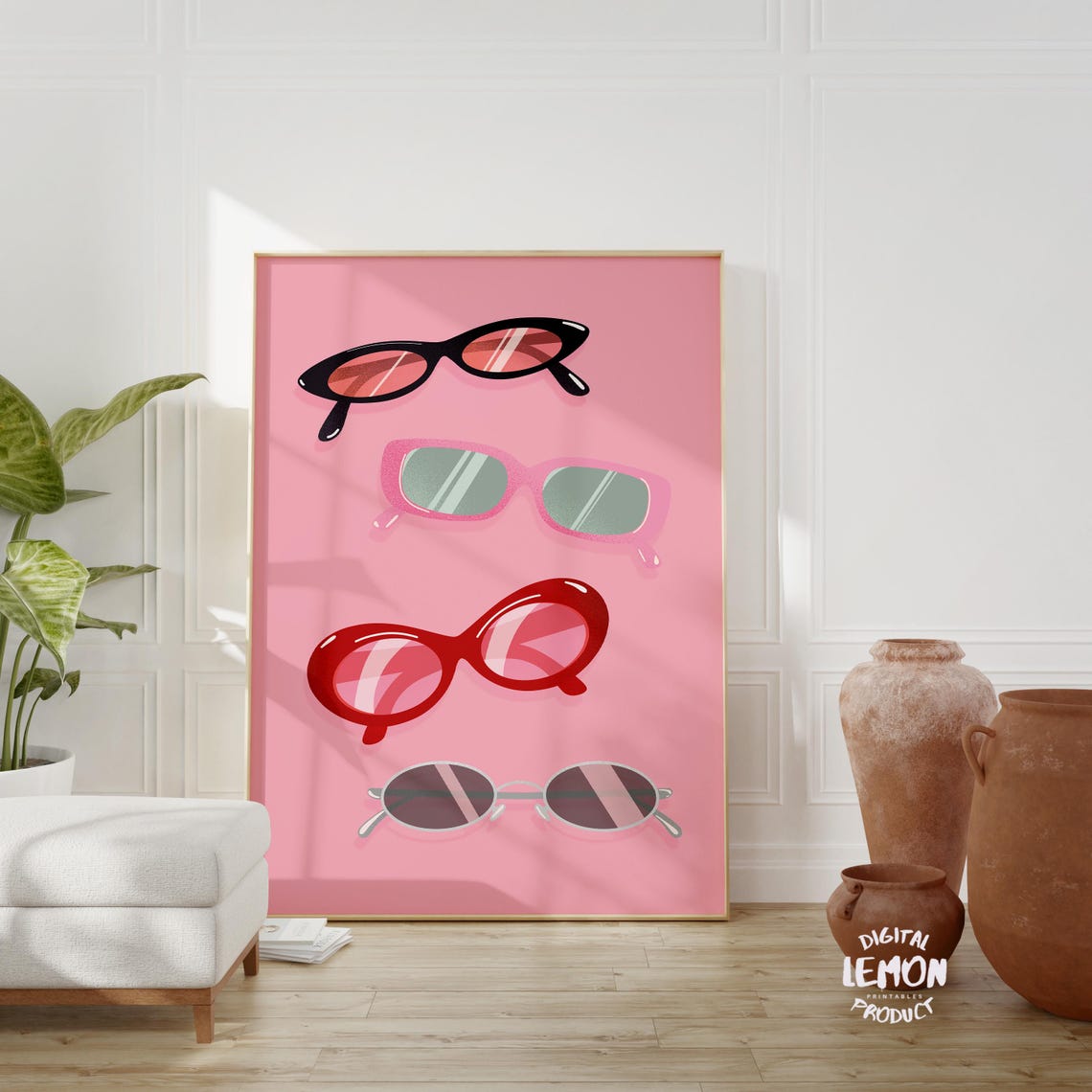 Pink Sunglasses Retro Eyewear Poster for Trendy Dorm Room Decor