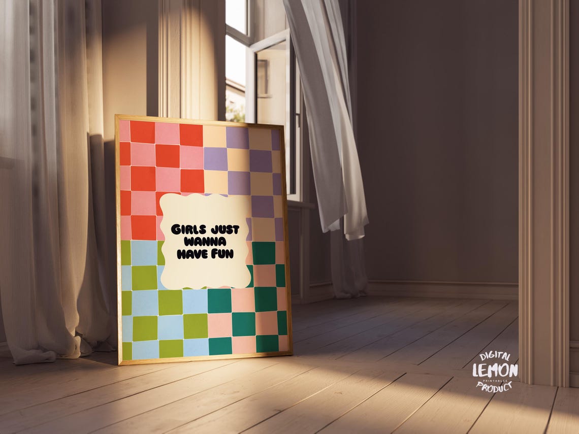 Girls Just Wanna Have Fun Rainbow Checkerboard Typography Poster - Image 3