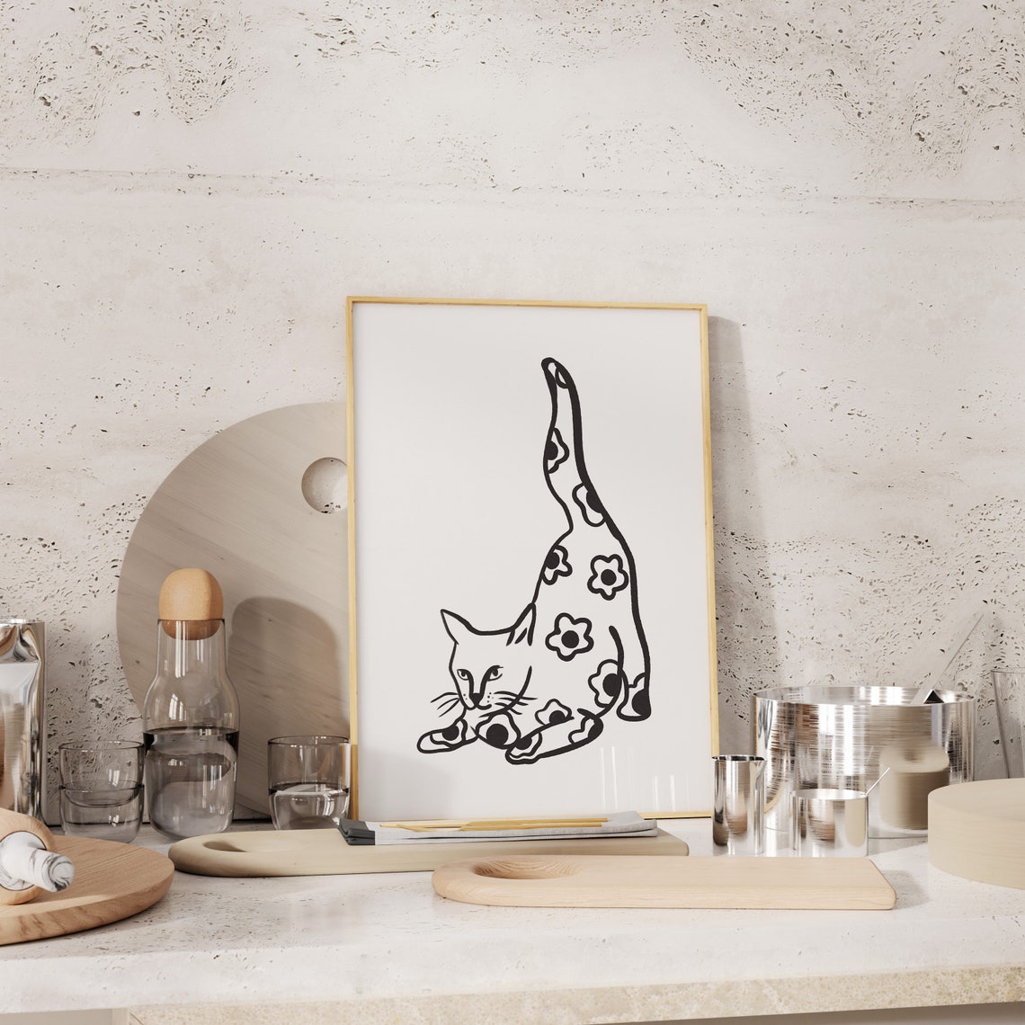 Playful Floral Cat Stretching Black White Cat Lover Wall Art - Image 4