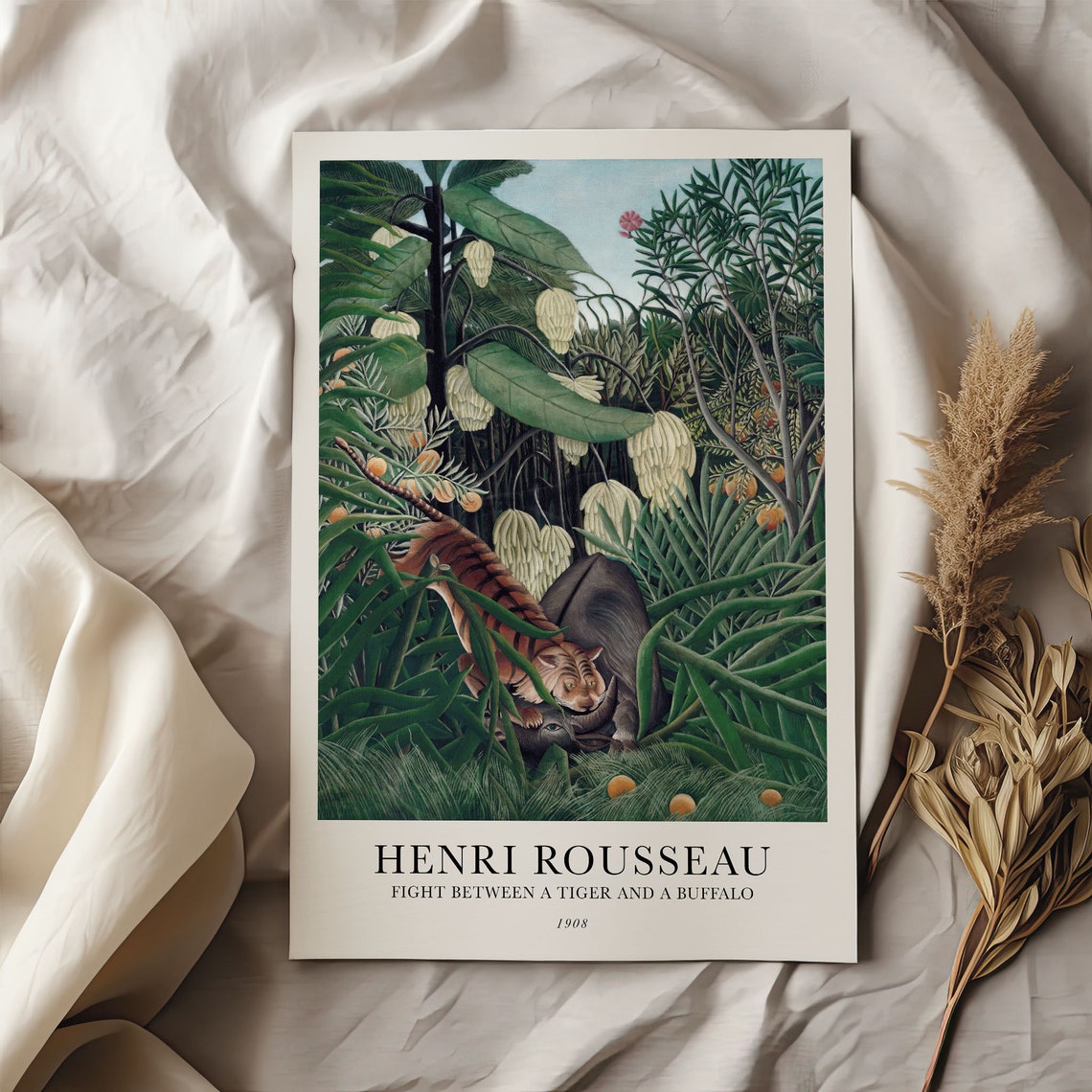 Jungle Poster With Motif By Henri Rousseau In Scandi Style Fight Between A Tiger And A Buffalo