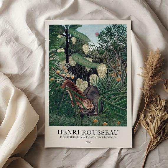 Jungle Poster With Motif By Henri Rousseau In Scandi Style Fight Between A Tiger And A Buffalo