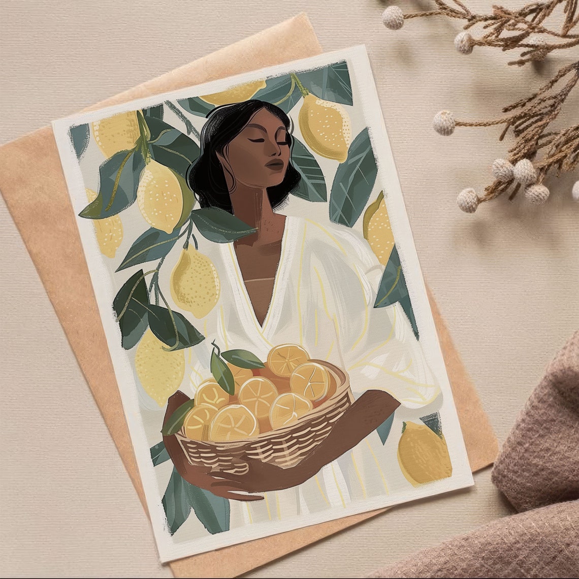 Woman with Lemons Mediterranean Harvest Illustration Art Poster