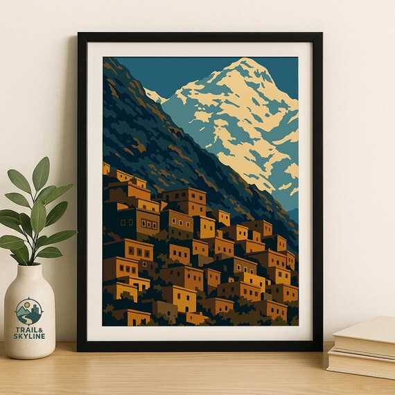 Atlas Mountains Morocco Berber Village Snow Peak Vintage Travel Poster