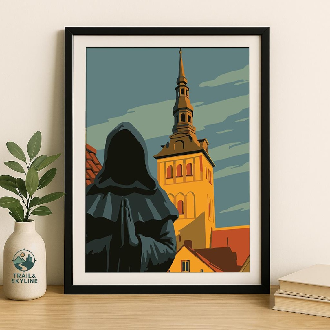 Tallinn Old Town Estonia Medieval Monk and Church Spire Travel Poster