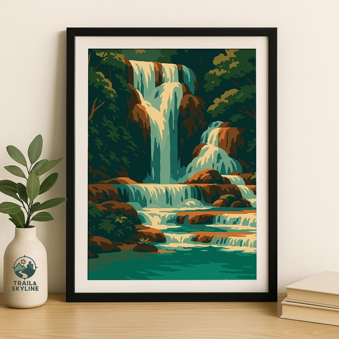Kuang Si Falls Laos Tiered Waterfall Jungle Vintage Travel Poster