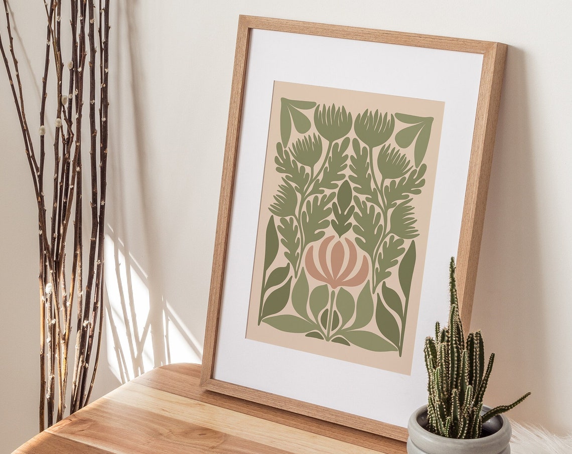 Sage Green Botanical Floral Symmetric Boho Art Print Living Decor