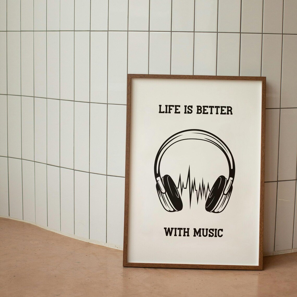Life Is Better with Music Headphones Black and White Quote Poster - Image 3