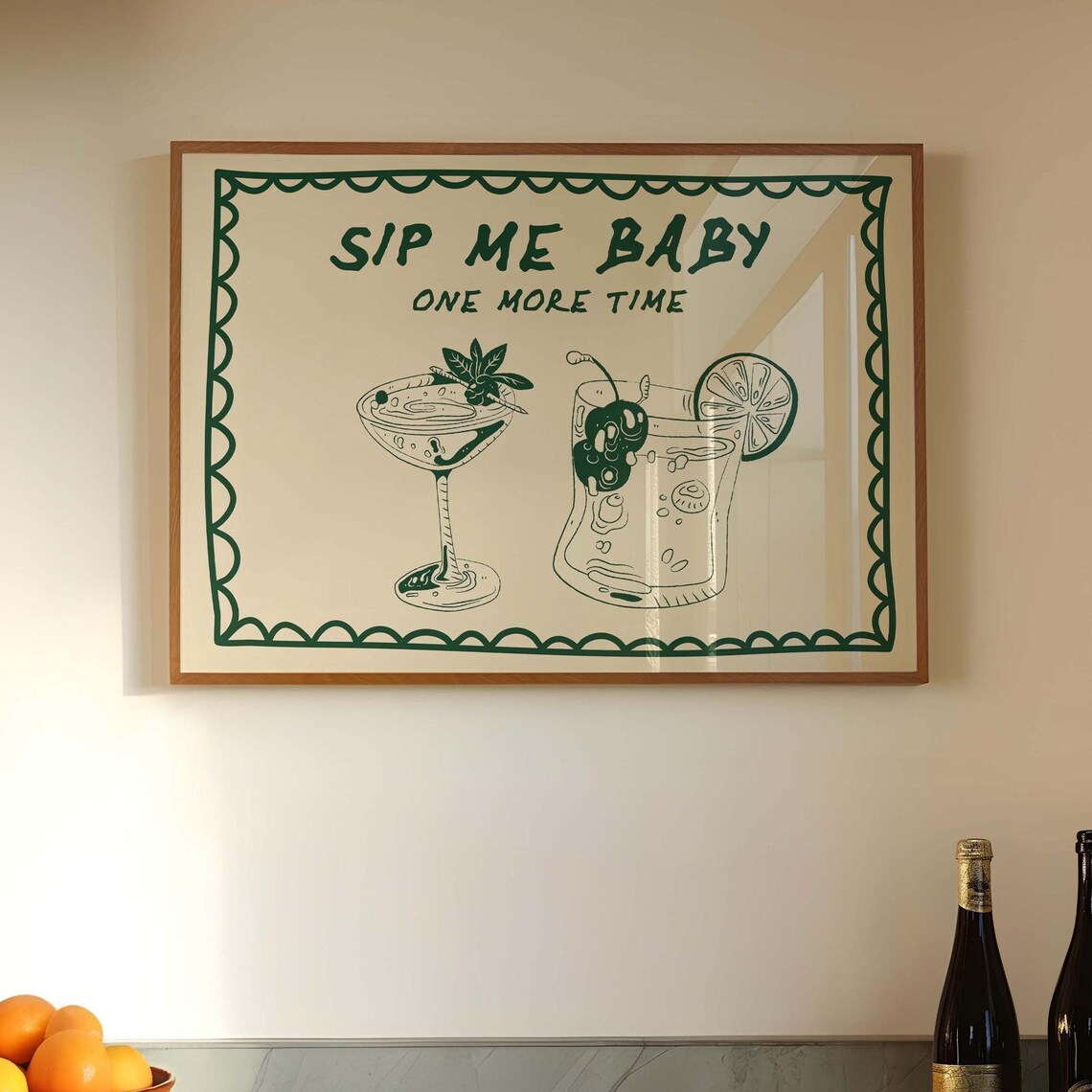 Sip Me Baby One More Time Green Cocktail Illustration Bar Poster