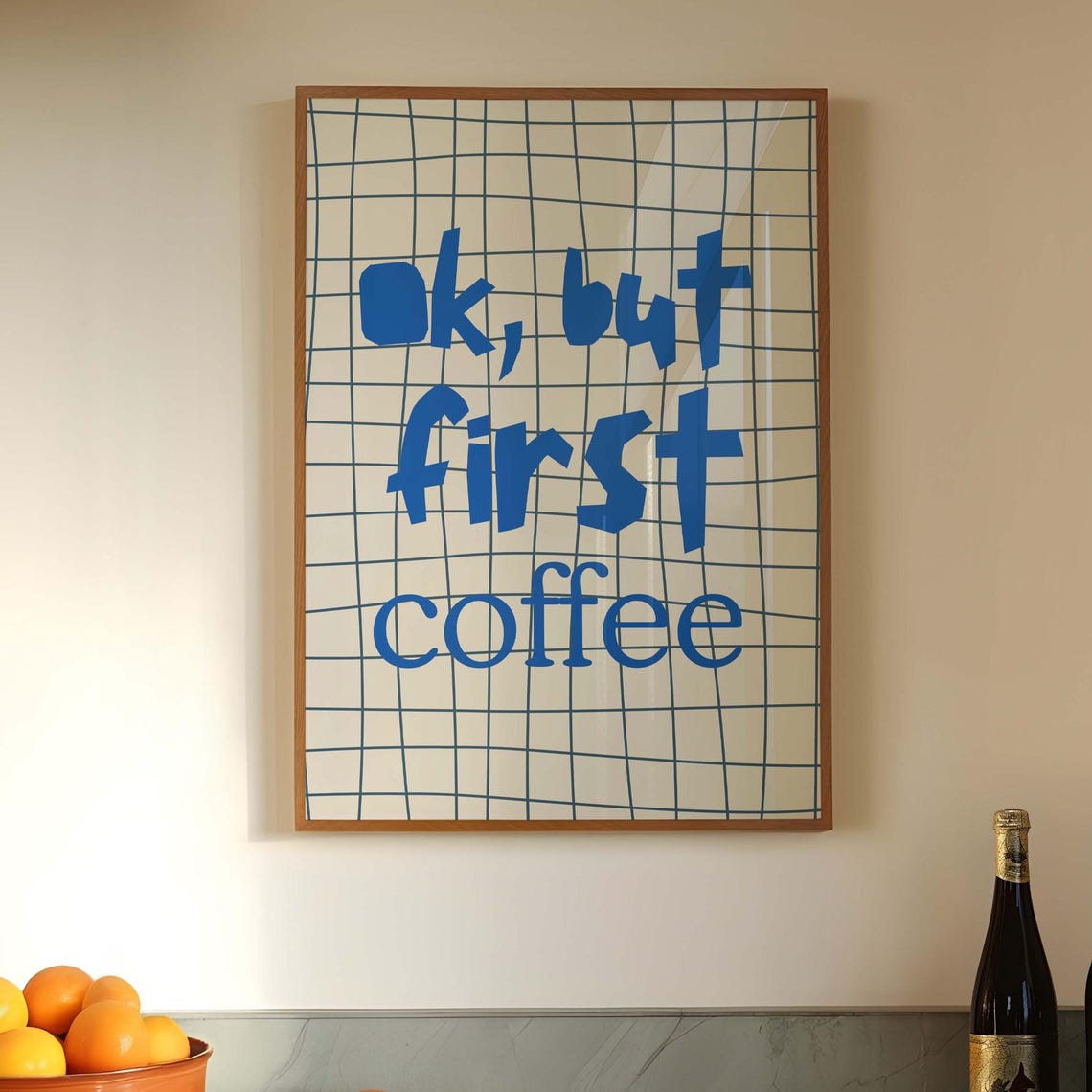 Ok But First Coffee Funny Kitchen Poster Blue Typography Grid Design
