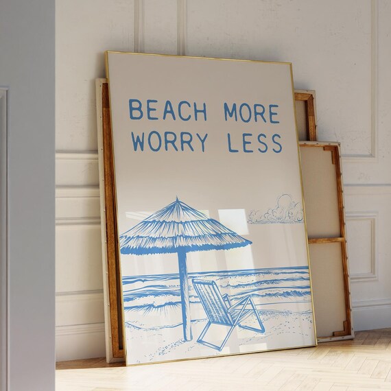 Beach More Worry Less Blue Line Art Tiki Umbrella and Ocean Poster