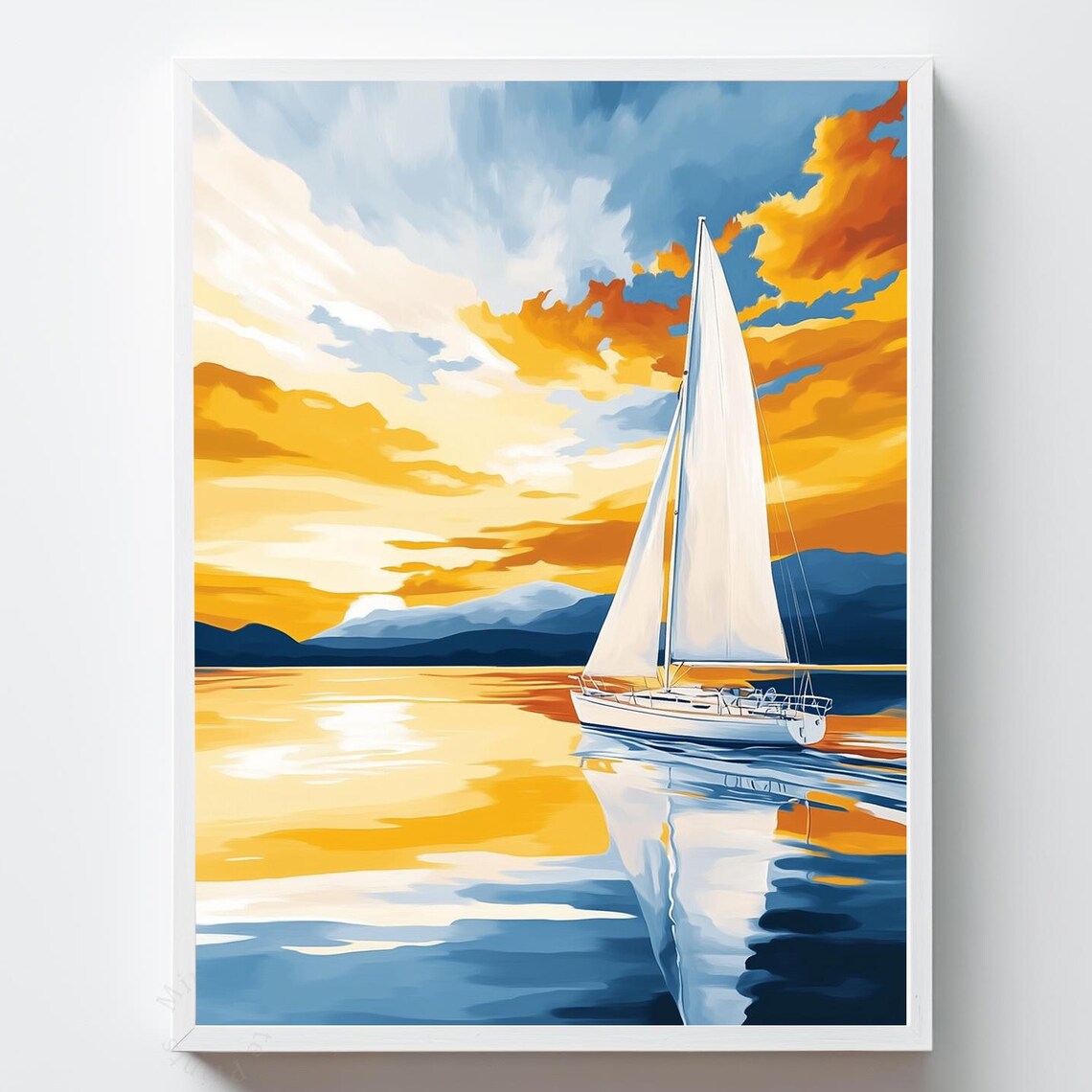 Sailboat Sunset Golden Clouds Nautical Coastal Sailing Poster