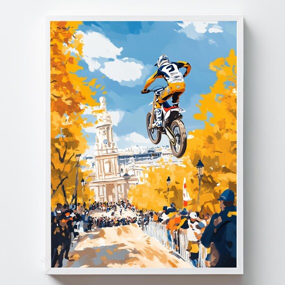 Motocross Rider Jump City Avenue Crowd Autumn Painting Poster