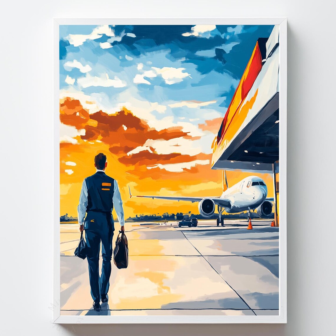 Airline Pilot Walking to Airplane Sunset Tarmac Aviation Art Poster