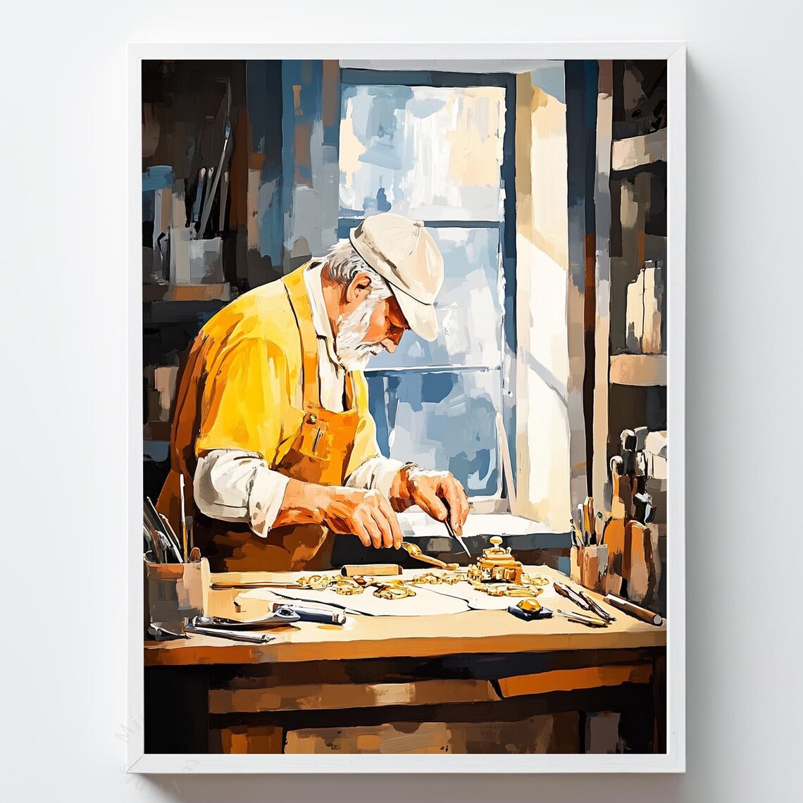 Vintage Jeweler Oil Painting Elderly Craftsman Workbench Art Poster