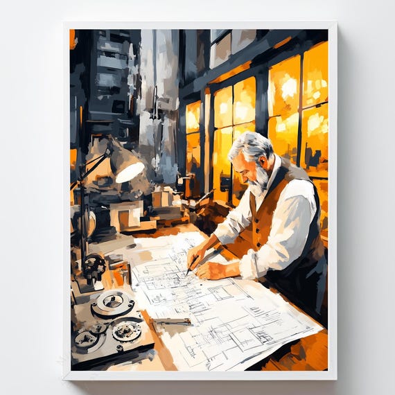 Steampunk Inventor Blueprint Art Print Cluttered Workbench Decor