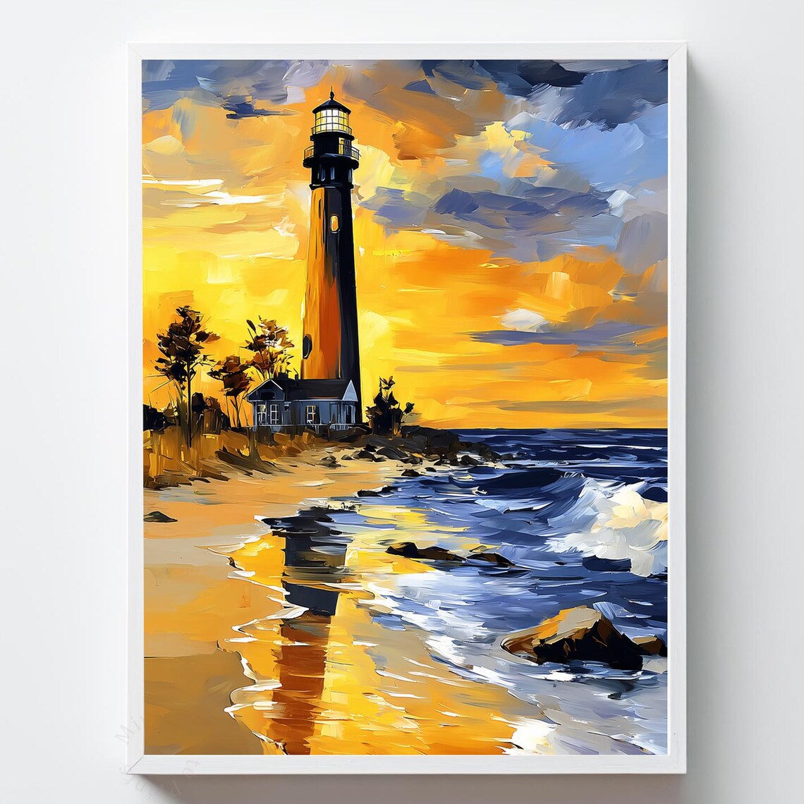 Lighthouse Golden Sunset Crashing Waves Dramatic Seascape Print