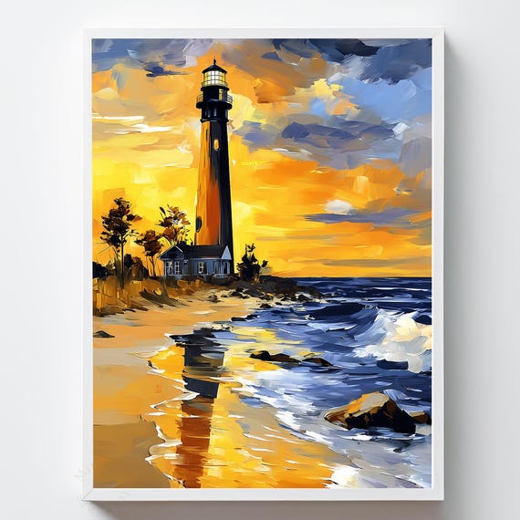 Coastal Lighthouse Seascape Print Sunset Nautical Wall Art