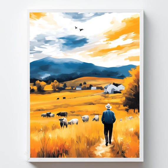 Golden Fields Landscape Art Rustic Farmer Sunset Pastoral Painting