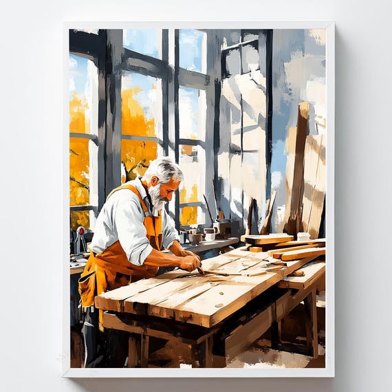 Rustic Carpenter Painting Cozy Workshop Wall Art
