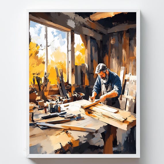 Rustic Carpenter Oil Painting Print Warm Woodworking Workshop