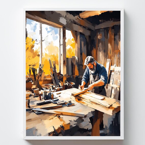 Vintage Carpenter Woodworking Shop Planing Wood Warm Painting Poster