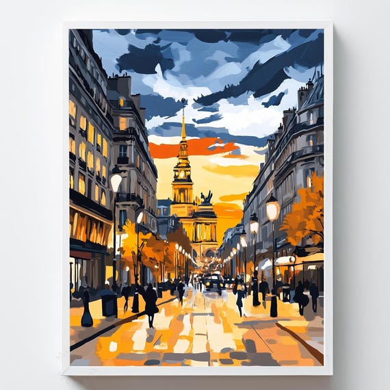 Parisian Street Scene Painting Vintage Architecture Art Print