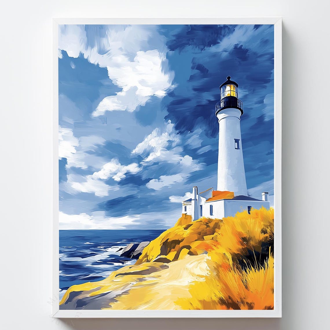 White Lighthouse Golden Cliffs Ocean Waves Painterly Art Poster