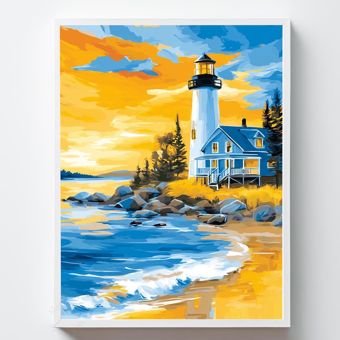 White Lighthouse Keepers House Orange Sunset Coast Art Print