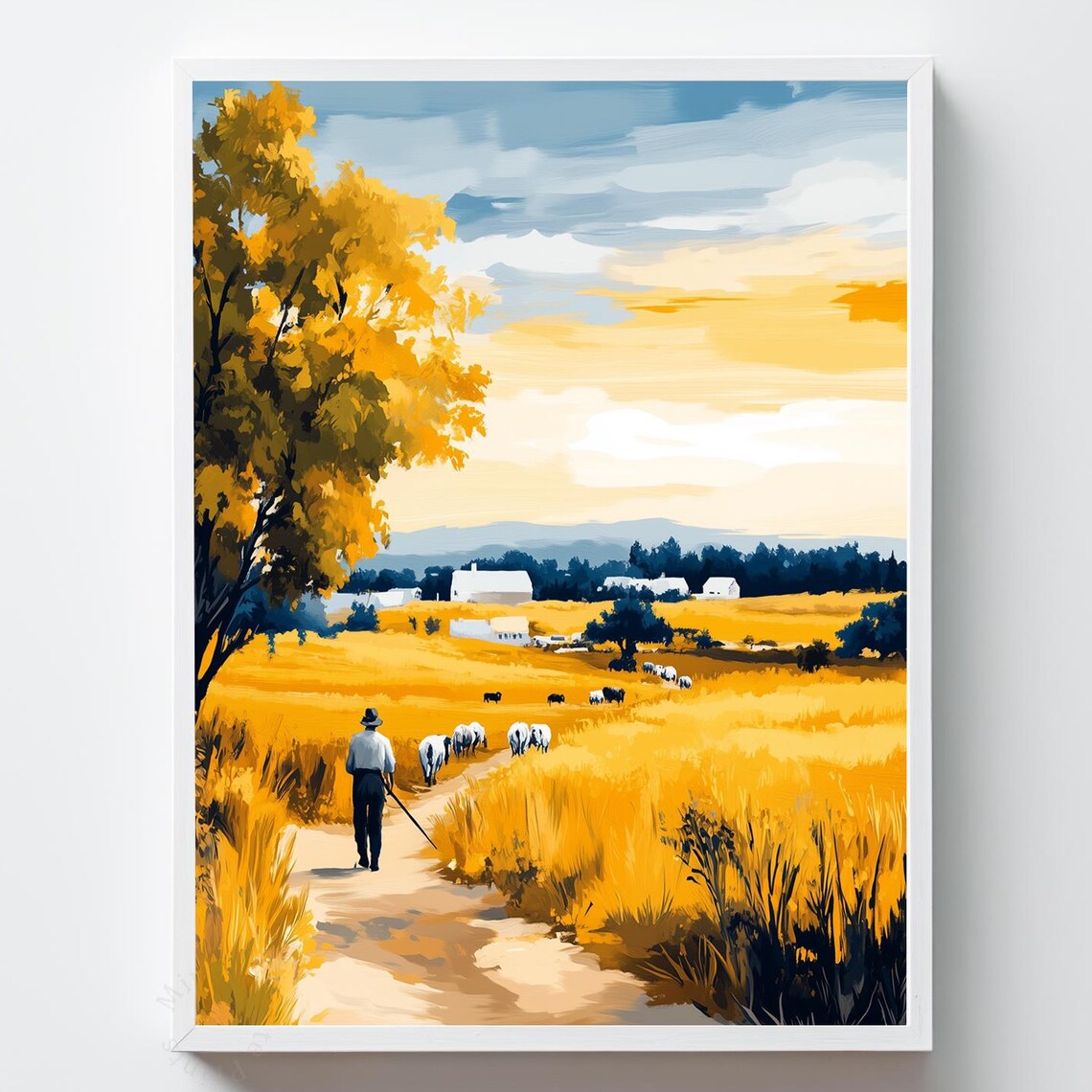 Rustic Farmer Golden Wheat Field Pastoral Landscape Art Poster