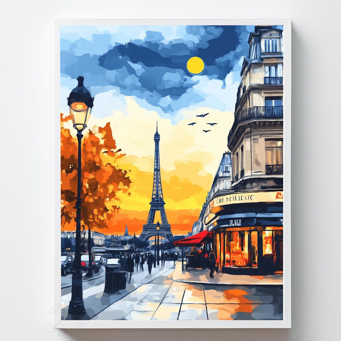 Eiffel Tower Paris Cafe Sunset Street Lights Painting Poster