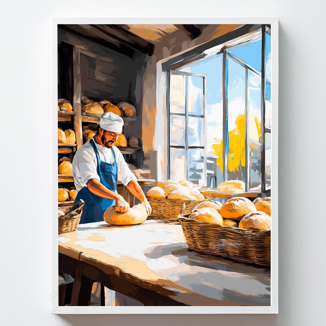 Rustic Baker Kneading Dough Farmhouse Kitchen Vintage Oil Art Print