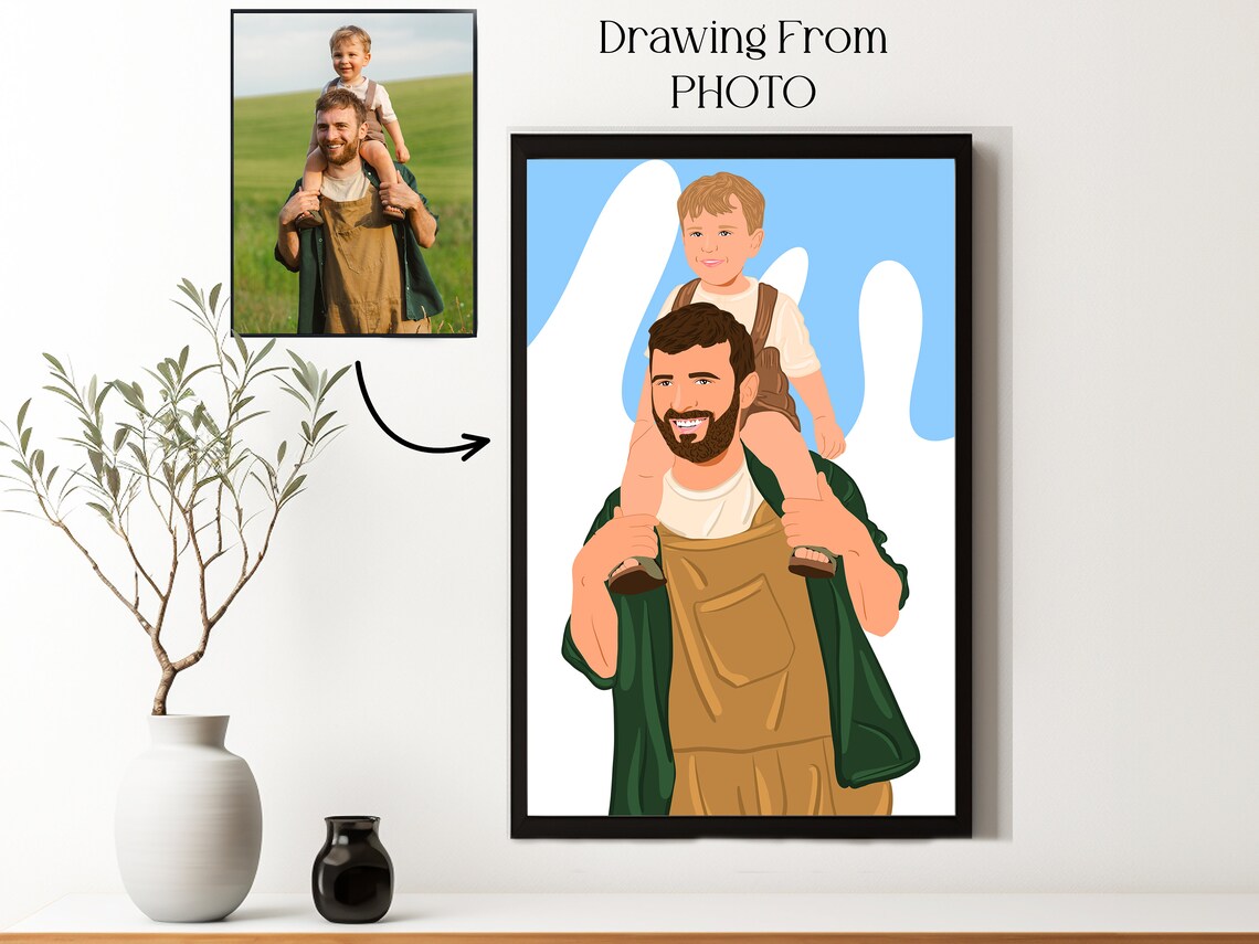 Custom Dad And Son Photo Illustration Portrait Personalized Wall Art